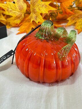 Tahari Blown Glass Murano Style Orange Swirl Pumpkin Halloween Fall Decor New